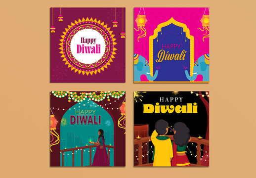 Happy Diwali Social Media Posts or Greeting Card Set in Multiple Festive Designs for Festival Celebration Promotion. Editable Design.