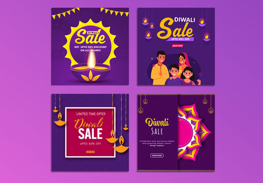 Happy Diwali Sale Social Media Posts Set for Festive Season Discount Promotion, Editable Design.