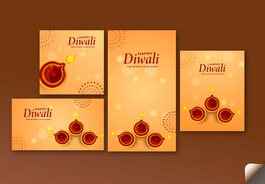 Happy Diwali Celebration Posts and Templates Set with Illuminated Oil Lamps (Diya), Editable Design.