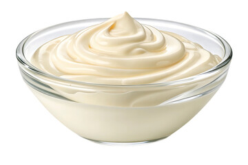 Smooth creamy white mayonnaise with swirled texture in clear glass bowl, isolated on a transparent background
