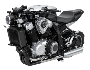 Side Profile of Modern Motorcycle Engine with Black and Silver Finish, Transparent Background