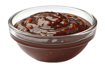 Dark brown hoisin sauce with thick glossy texture in transparent glass bowl, isolated on a transparent background