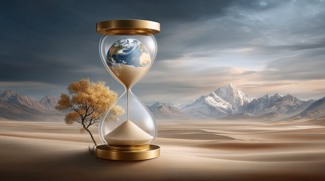 Hourglass symbolizes climate change, featuring Earth within, surrounded by desert landscape and mountains, evoking urgency and reflection on environmental issues