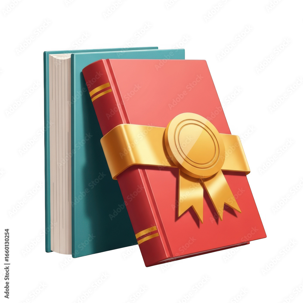 Poster 3d stack of books with a golden ribbon and seal isolated on transparent background