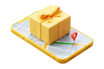 3D render Yellow gift box with bow rests on phone screen with map and locator