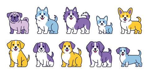 Fototapeta premium Cute Outline Dog Breeds Set – Hand-Drawn Purebred Puppy Vector Collection Featuring Doodle Style Sketches for Pet Illustrations, Dog Posters, and Animal-Themed Designs