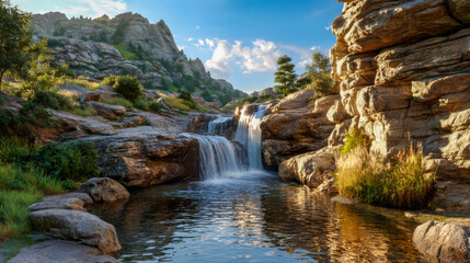 Scenic waterfall cascading over rocky terrain into a serene pool, surrounded by lush greenery and rugged cliffs under a bright blue sky with fluffy clouds