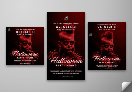 Halloween Party Night Social Media Posts and Story Template with Punk Skull Face Makeup for Scary Event Promotion, Editable Design.