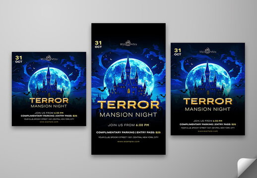 Terror Mansion Night Party Flyer with Haunted House Under Full Moon Sky for Spooky Halloween Event Promotion, Editable Design.