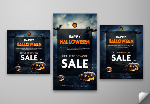 Happy Halloween Sale Social Media Posts and Story Template with Illuminated Jack O Lanterns in Forest Night Scene for Seasonal Promotion, Editable Design.