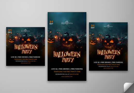 Halloween Party Social Media Posts and Story Template with Illuminated Jack O Lanterns in Spooky Background for Scary Night Event Promotion, Editable Design.
