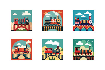 Six illustrations of vintage steam trains on bridges Keywords: train, steam train, locomotive