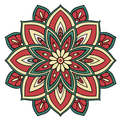 Intricate red yellow and teal mandala design with floral petals and geometric patterns