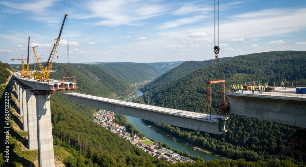 Poster wide aerial view capturing the installation of a long viaduct girder segment for a modern highspeed 