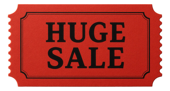 Red tag sticker with HUGE SALE message in bold font, engaging retail discount promotion on transparent background.