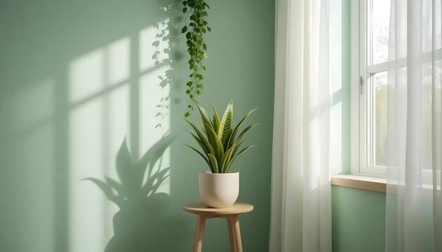 Snake plant in pot by window with sheer curtains home decor interior design