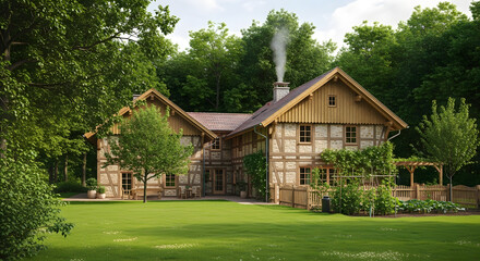 Obraz premium Charming timber frame house with a smoking chimney in a green landscape
