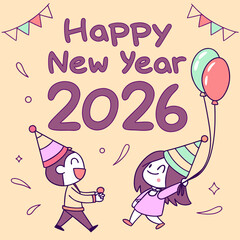 Cheerful children celebrating the new year 2026 with balloons and confetti