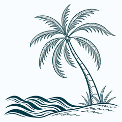 Obraz premium Stylized line art palm tree on a beach with ocean waves