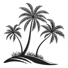 Obraz premium Three silhouette palm trees on a tropical island beach with grass and water