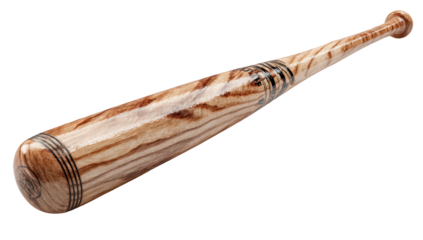 Wooden baseball bat with polished finish. Detailed grain and bands are visible