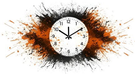 ​A round, classic white clock face with black numbers is centered within a dramatic, chaotic splash of black and orange paint. The paint splatters outward, suggesting an explosion or a burst of energy
