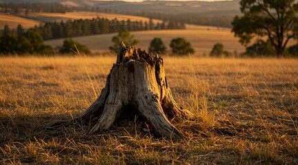 A rugged, weathered tree stump stands prominently in a field of tall, golden-brown grass. The low evening sun casts a warm, soft light, highlighting the intricate texture of the wood and the dry stalk