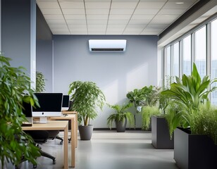 potted plants improving air quality in modern office with air conditioning
