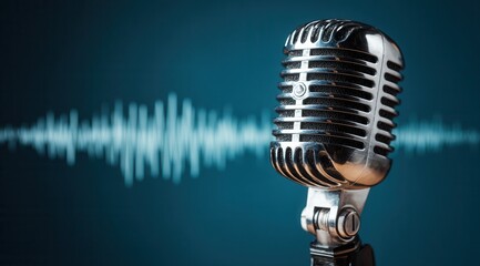 Fototapeta premium Vintage microphone with glowing sound wave on dark blue background