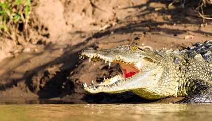 Fototapeta premium A large crocodile with its mouth open, rests on the bank of a river, showcasing its sharp teeth and scales.