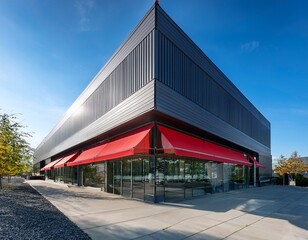Obraz premium the modern commercial retail building features a dark grey exterior with large glass windows reflecting surroundings red awnings over entrances and stone pillar accents viewed a clear blue sky