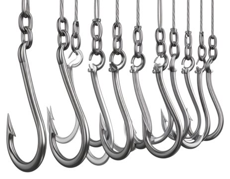 Angled Side View of Chrome Hooks in a Line, Transparent PNG