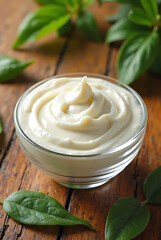 Delicious creamy sauce in a bowl with basil leaves on a wooden table