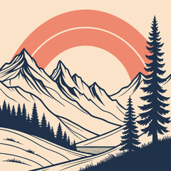 Retro mountain landscape with pine trees and sunset in vintage style design