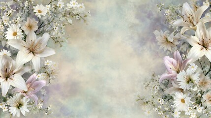A delicate arrangement of white lilies and daisies, accented by soft pastel colors and a textured background, creates a serene and romantic floral design.