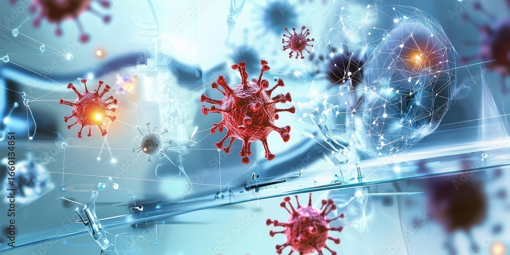 Poster a scientist studying viral structures on a digital interface, with lab tools surrounding the workspa