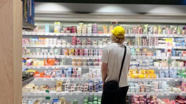 Young man shopping in supermarket, reading product information