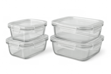 Empty glass food containers with lids on transparent background