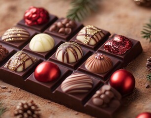 An exquisite box of holiday chocolates, featuring a mix of gourmet truffles and pralines