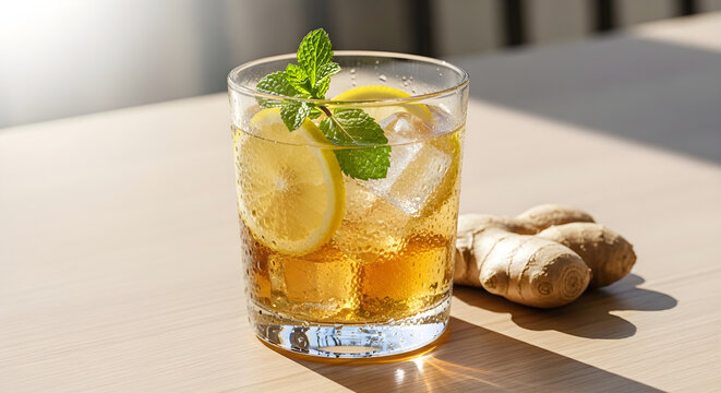Refreshing iced tea with lemon, mint, and ginger garnished with fresh ingredients and ice cubes in a clear glass on a wooden table, perfect for a summer beverage.