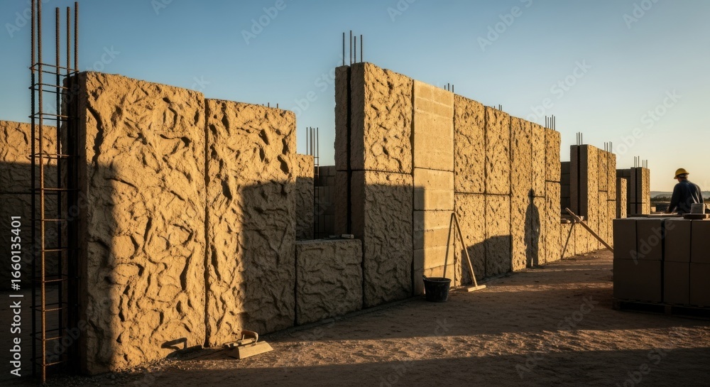 Poster wide view of a partially built structure using papercrete blocks with sunlight casting shadows illus