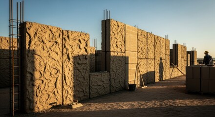 Obraz premium Wide view of a partially built structure using papercrete blocks with sunlight casting shadows illustrating energyefficient architecture and modern ecoconstruction methods.