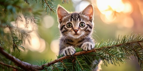 Obraz premium Kitten playing tree forest branch outdoor adorable cute animal furry wildlife