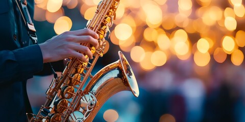 Saxophone close up with golden lights at outdoor jazz festival