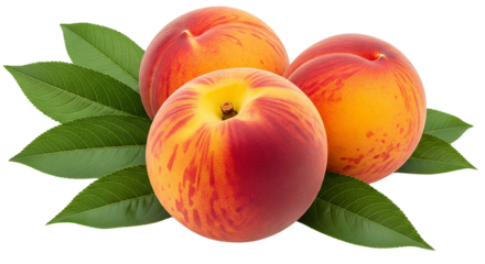 Fresh juicy ripe peaches with green leaves isolated on red food leaf life on transparent background aspect ratio 1:1


