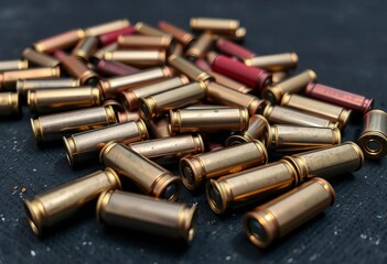 Close-up of various spent bullet casings on a dark surface,   firearm parts,  firearm