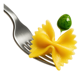 A fork looping farfalle with an isolated droplet of herb sauce.