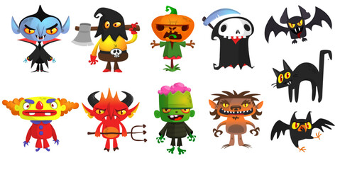 Cartoon set of Halloween characters design. Vector  illustration of mummy zombie vampire ghost grim reaper devil werewolf witch pumpkin head
