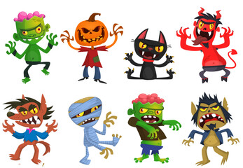 Cartoon set of Halloween characters design. Vector  illustration of mummy zombie vampire ghost grim reaper devil werewolf witch pumpkin head