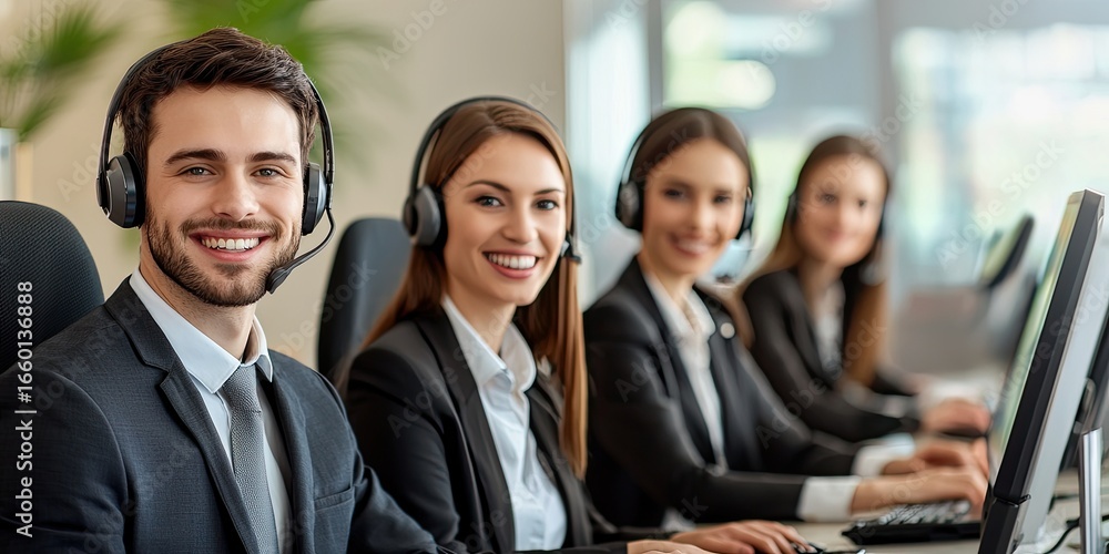 Poster a help desk team in a sleek office resolves customer problems with personalized support and advanced